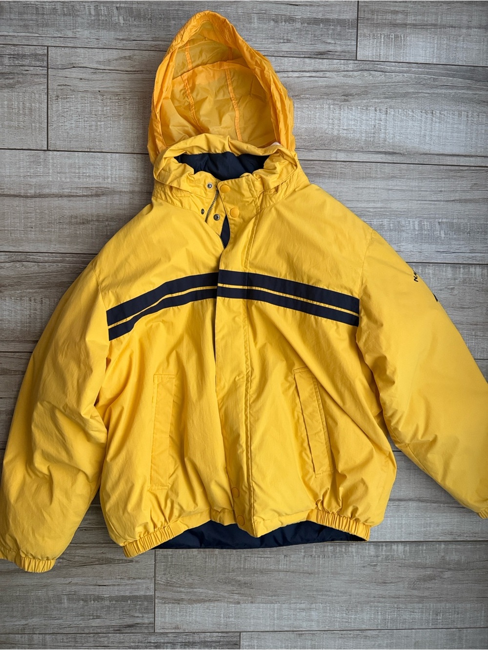 Vintage 90s Nautica Reversible Down Puffer Jacket Yellow Navy Blue XL Stripe